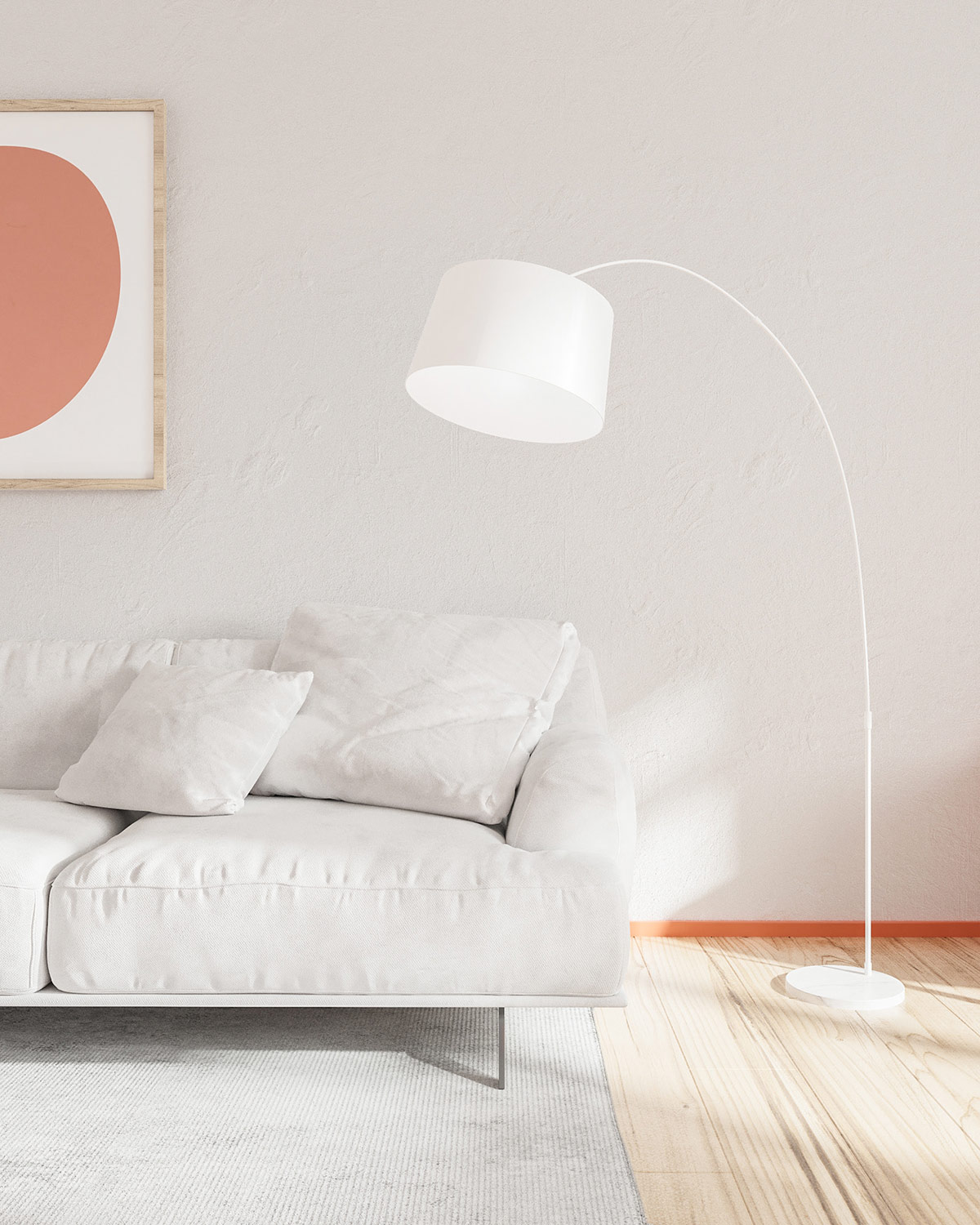 H&igrave;nh ảnh đ&egrave;n s&agrave;n m&agrave;u trắng trong ph&ograve;ng kh&aacute;ch, cạnh đ&oacute; l&agrave; sofa trắng, ch&acirc;n tường sơn m&agrave;u cam