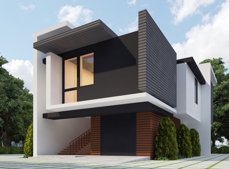 Nhà 2 tầng với tông màu xám đen nổi bật Hình ảnh nhà 2 tầng màu xám đen chủ đạo, cầu thang phía trước dẫn lên không gian sinh hoạt