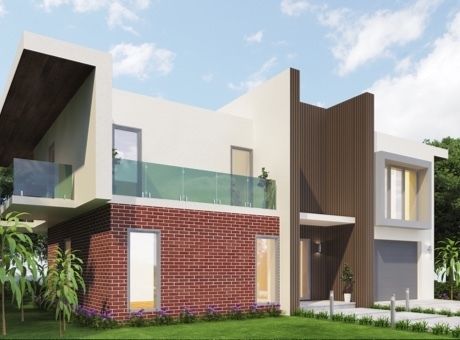 Thiết kế nhà 2 tầng hiện đại trên diện tích 182m2 Hình ảnh mẫu nhà 2 tầng hiện đại với điểm nhấn là tường tầng trệt ốp gạch nung đỏ ấm áp