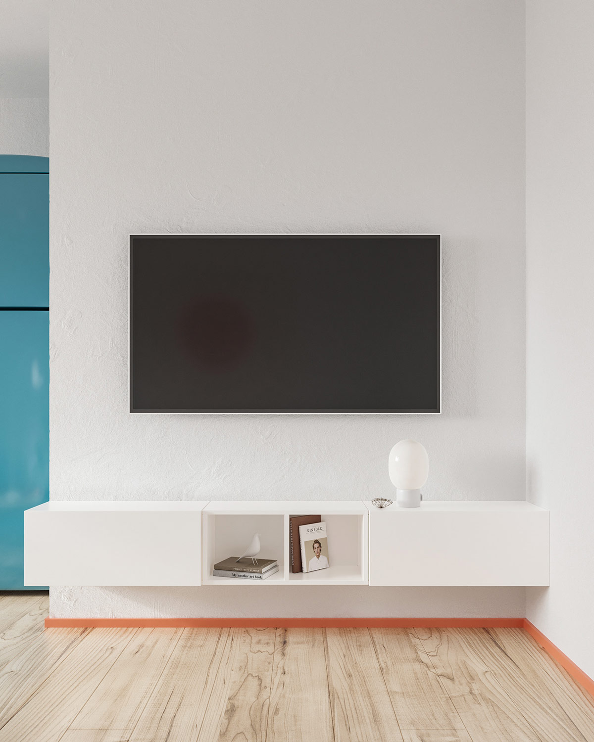 H&igrave;nh ảnh cận cảnh tủ kệ tivi m&agrave;u trắng trong căn hộ 25m2