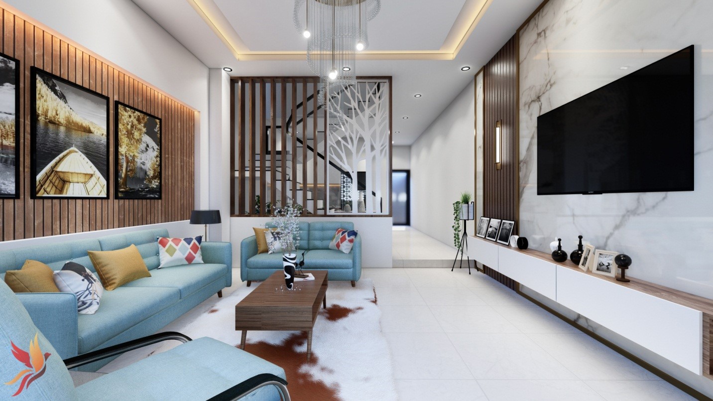 H&igrave;nh ảnh ph&ograve;ng kh&aacute;ch biệt thự rộng r&atilde;i với sofa m&agrave;u xanh, tường ốp gỗ, tranh treo tường, đ&egrave;n ch&ugrave;m, tủ kệ tivi m&agrave;u trắng
