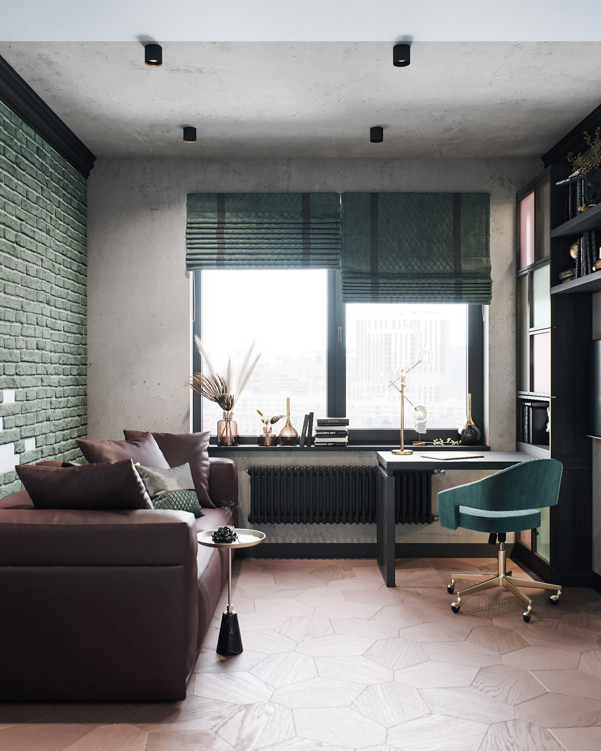 Hình ảnh toàn cảnh phòng làm việc tại nhà với sofa da nâu, bàn nhỏ tích hợp tủ kệ cao kịch trần, cửa sổ kính lớn, rèm gấp