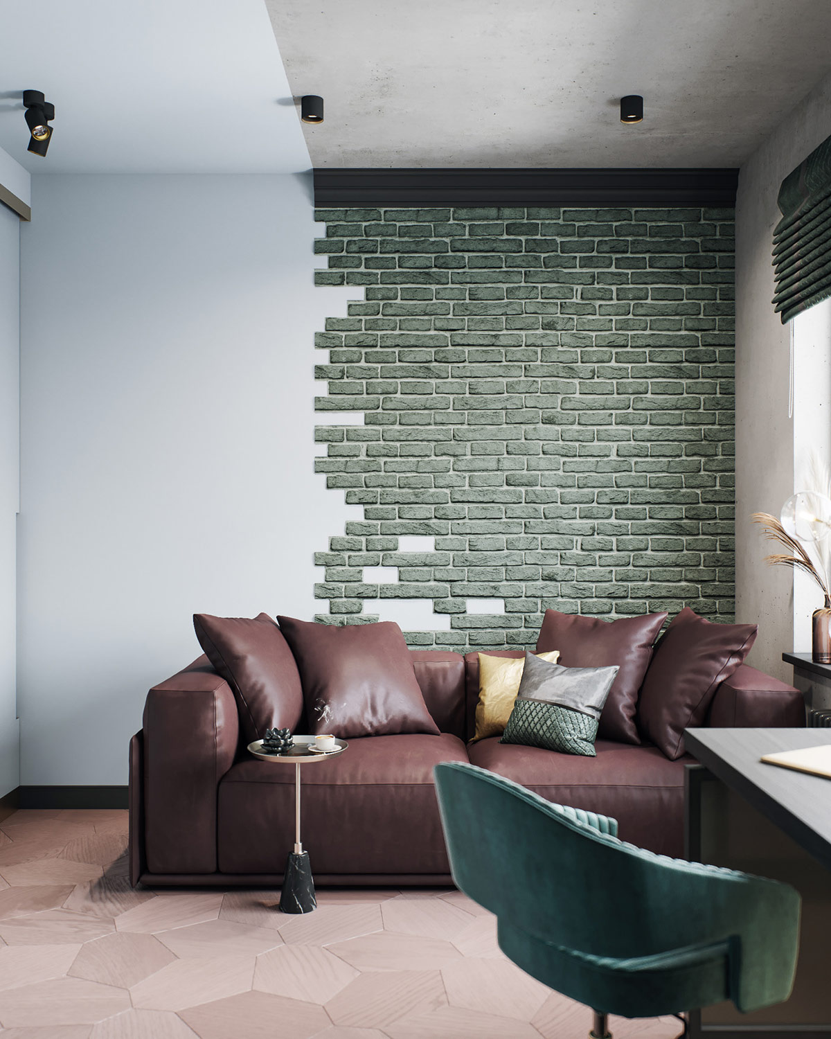 Hình ảnh phòng làm việc tại nhà với sofa da nâu, tường gạch xanh lá, bàn ghế cạnh cửa sổ