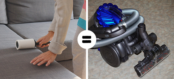 H&igrave;nh ảnh minh họa cho việc l&agrave;m sạch ph&ograve;ng kh&aacute;ch nhanh ch&oacute;ng với con lăn quần &aacute;o lấy l&ocirc;ng th&uacute; tr&ecirc;n sofa x&aacute;m, cạnh đ&oacute; l&agrave; m&aacute;y h&uacute;t bụi