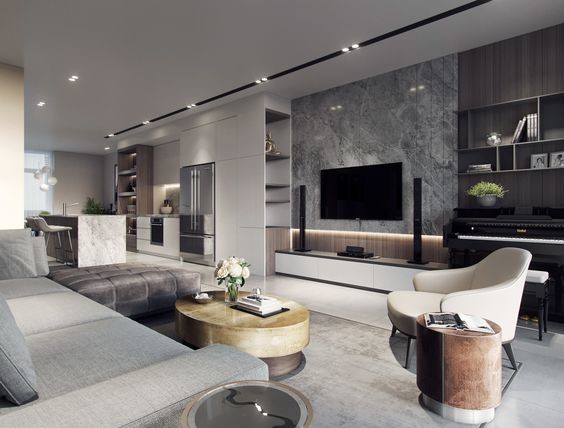 H&igrave;nh ảnh ph&ograve;ng kh&aacute;ch nh&agrave; ống m&agrave;u x&aacute;m sang trọng với sofa m&agrave;u x&aacute;m, b&agrave;n tr&agrave; tr&ograve;n m&agrave;u v&agrave;ng đồng, đ&ocirc;n ngồi n&acirc;u, tủ kệ tivi m&agrave;u trắng