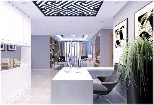 h&igrave;nh ảnh g&oacute;c l&agrave;m việc tại nh&agrave; trong căn hộ 140m2 với b&agrave;n g&oacute;c m&agrave;u trắng, ghế x&aacute;m, tranh treo tường, chậu cảnh nhỏ