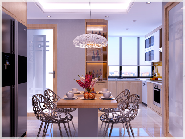 h&igrave;nh ảnh bộ b&agrave;n ăn 4 ghế lạ mắt trong ph&ograve;ng bếp căn hộ 140m2
