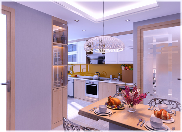 H&igrave;nh ảnh một g&oacute;c ph&ograve;ng bếp chung cư hiện đại với b&agrave;n ăn bằng gỗ, đ&egrave;n thả trần m&agrave;u trắng lớn