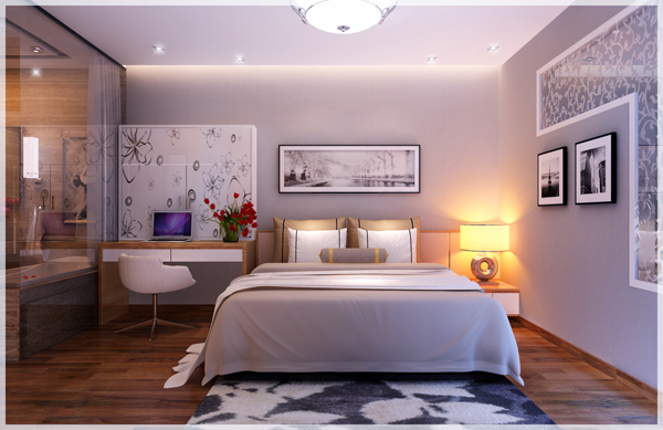 h&igrave;nh ảnh ph&ograve;ng ngủ VIP của vợ chồng gia chủ với giường gỗ, b&agrave;n trang điểm, tranh tường đen trắng