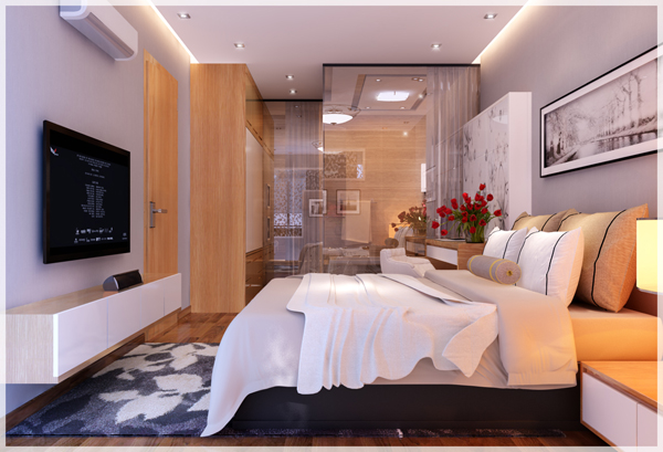 h&igrave;nh ảnh ph&ograve;ng ngủ căn hộ chung cư với giường nệm &ecirc;m &aacute;i, đối diện l&agrave; tủ kệ tivi, cạnh đ&oacute; l&agrave; tủ quần &aacute;o, ph&ograve;ng tắm v&aacute;ch k&iacute;nh