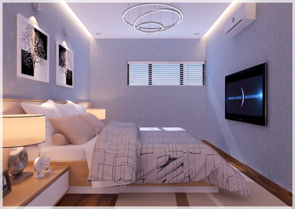 H&igrave;nh ảnh ph&ograve;ng ngủ hiện đại với đ&egrave;n ngủ, tivi cuối giường, tranh đầu giường, đ&egrave;n ch&ugrave;m, &ocirc; cửa sổ nhỏ