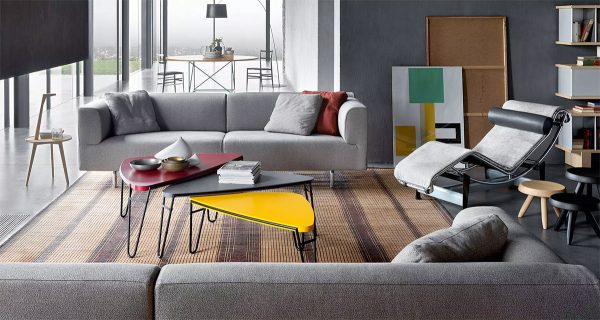 H&igrave;nh ảnh ph&ograve;ng kh&aacute;ch với b&agrave;n c&agrave; ph&ecirc; h&igrave;nh c&aacute;nh hoa m&agrave;u sắc, ghế sofa m&agrave;u x&aacute;m