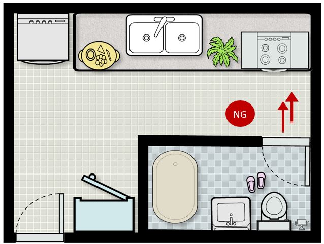 Ảnh vẽ mô phỏng vị trí bếp đặt đối diện cửa nhà vệ sinh.