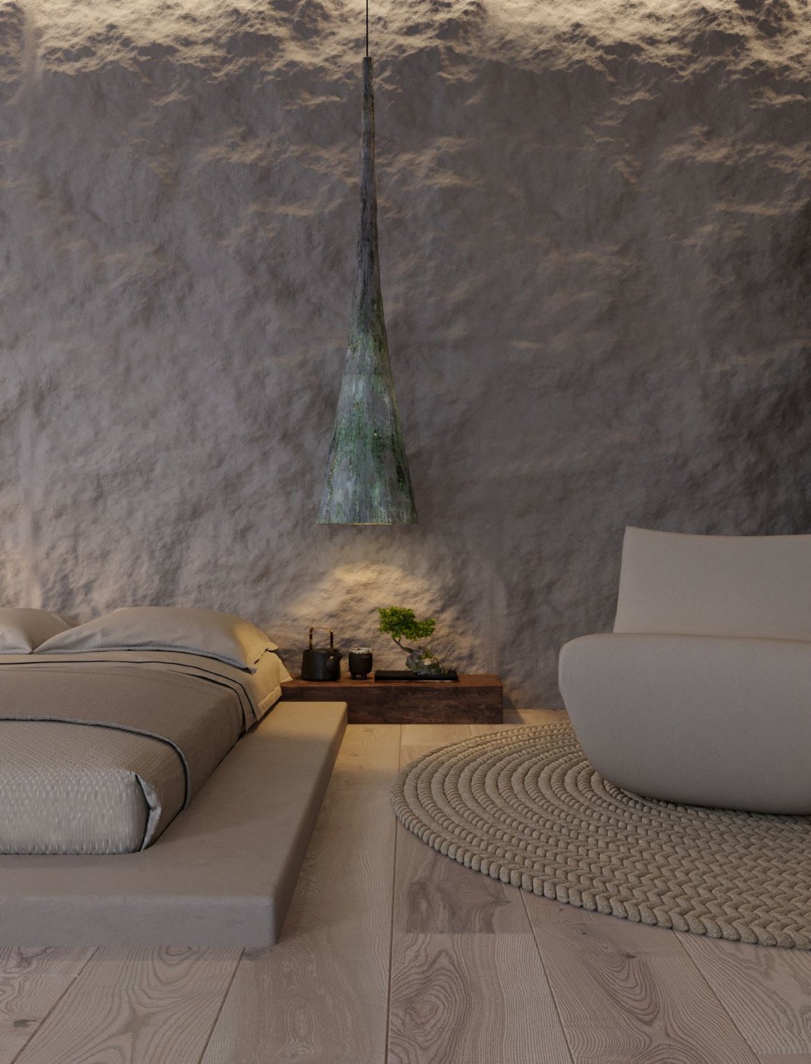 h&igrave;nh ảnh ph&ograve;ng ngủ trong căn hộ Wabi-sabi với giường thấp, kệ gỗ đầu giường, đ&egrave;n thả, chậu bonsai nhỏ, thảm tr&ograve;n, ghế ngồi 