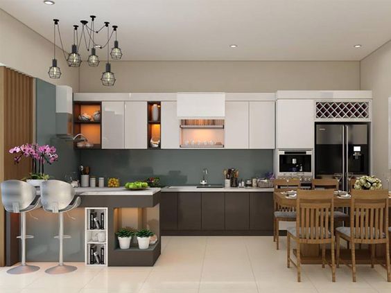 h&igrave;nh ảnh mẫu ph&ograve;ng bếp kết hợp ph&ograve;ng ăn đầy đủ tiện nghi với b&agrave;n ăn 4 ghế bằng gỗ, đ&egrave;n thả trần, bar mini