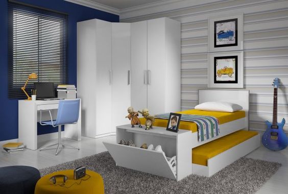 H&igrave;nh ảnh mẫu ph&ograve;ng ngủ cho con trai với t&ocirc;ng m&agrave;u xanh - trắng kết hợp h&agrave;i h&ograve;a