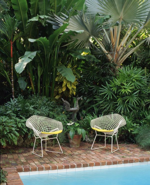 h&igrave;nh ảnh ghế ngo&agrave;i trời m&agrave;u trắng c&oacute; phần tựa lưng l&agrave;m bằng lưới th&eacute;p đặt cạnh hồ bơi, b&ecirc;n cạnh l&agrave; chuối cảnh xanh mướt