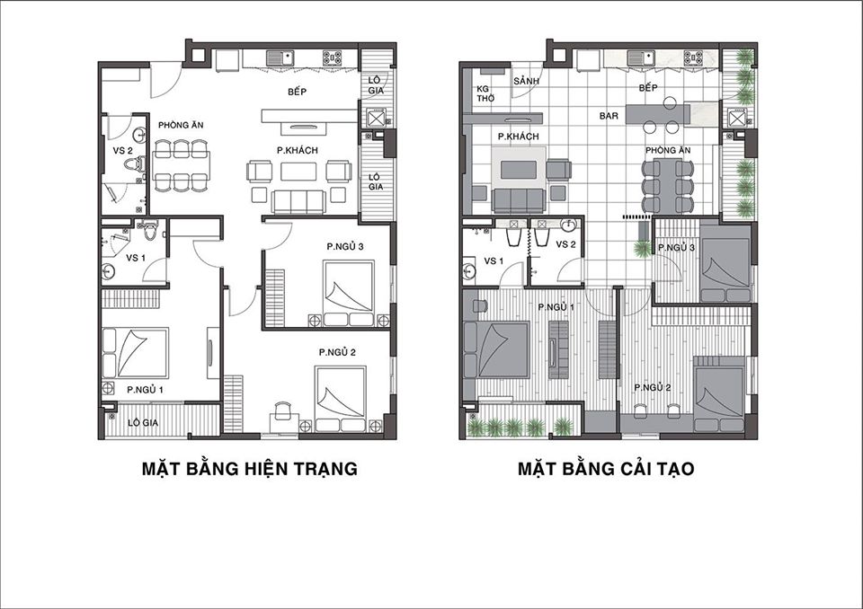 h&igrave;nh ảnh mặt bằng căn hộ 105m2 trước v&agrave; sau khi cải tạo