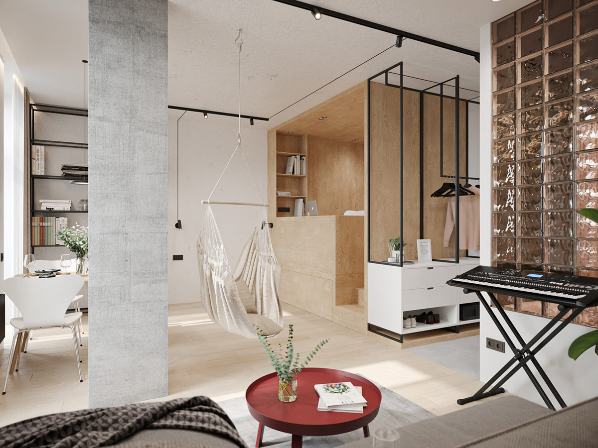 h&igrave;nh ảnh ghế treo m&agrave;u be s&aacute;ng trong căn hộ nhỏ dưới 50m2