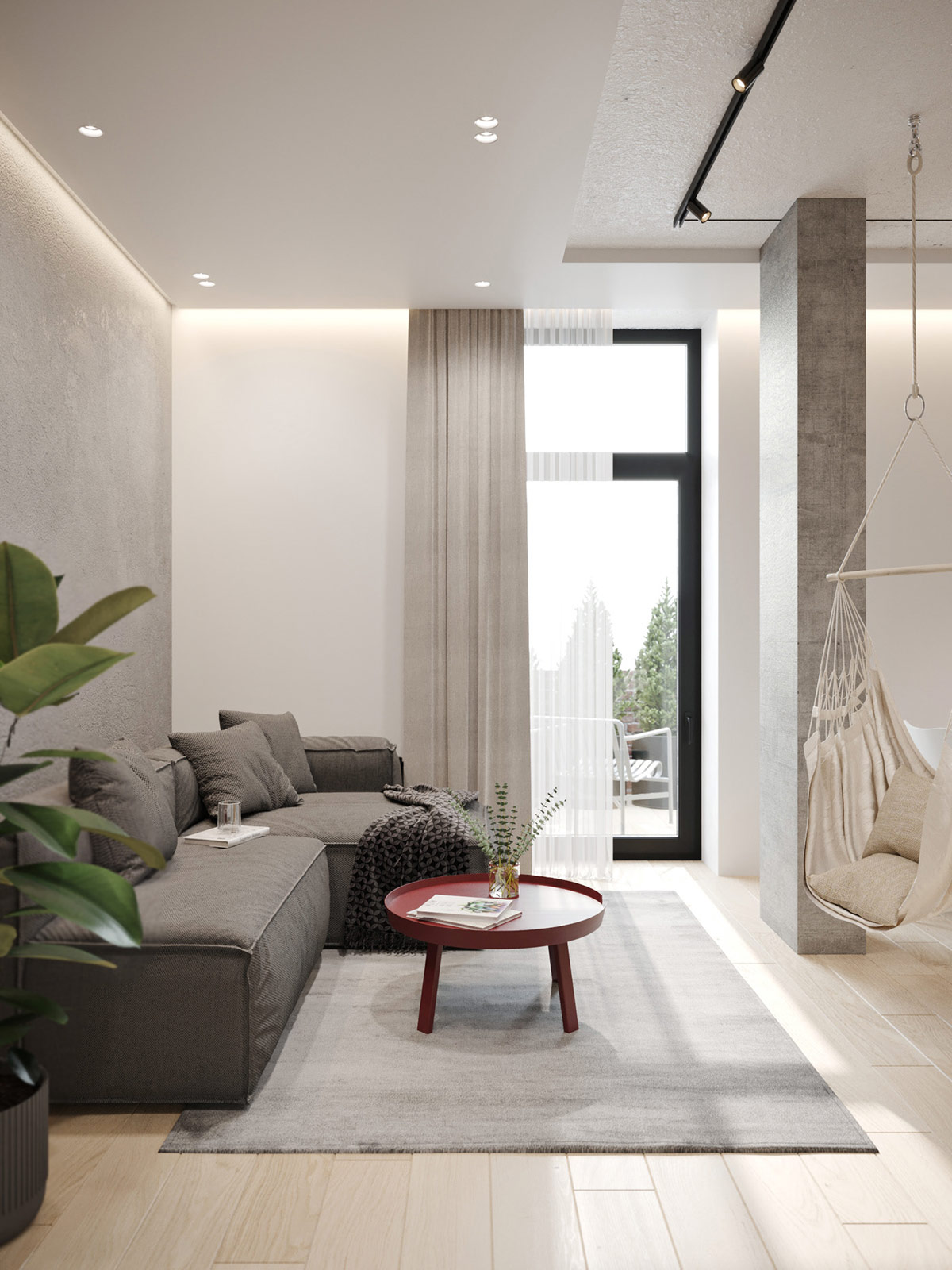 h&igrave;nh ảnh ph&ograve;ng kh&aacute;ch t&ocirc;ng m&agrave;u x&aacute;m chủ đạo với b&agrave;n c&agrave; ph&ecirc; tr&ograve;n đỏ đậm đặt ở giữa, cửa sổ k&iacute;nh cao rộng lấy s&aacute;ng tự nhi&ecirc;n
