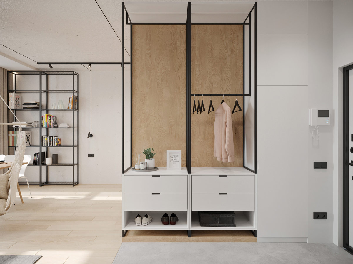 h&igrave;nh ảnh lối v&agrave;o căn hộ nhỏ dưới 50m2 với tủ kệ để gi&agrave;y d&eacute;p, treo &aacute;o kho&aacute;c tiện lợi