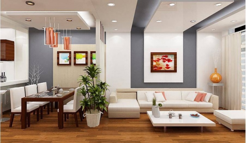Trần thạch cao cho phòng khách và phòng ăn hình ảnh phòng khách liên thông phòng ăn sử dụng trần thạch cao thả, trần thạch cao giật cấp ấn tượng