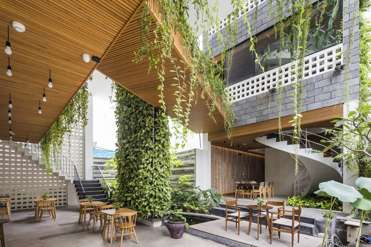 gia chủ còn kinh doanh dịch vụ lưu trú, kết nối với khu spa qua không gian cafe xanh mát, đồng bộ về mặt kiến trúc. Bàn ghế tiếp khách trong không gian nhiều cây cối