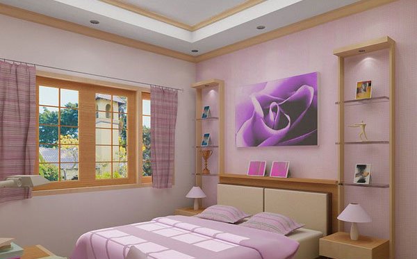 Sự kết hợp giữa màu hồng và tím mang đến không gian riêng tư đầy nữ tính Phòng ngủ tông hồng tím, có giường, rèm cửa sổ, kệ và tranh treo tường