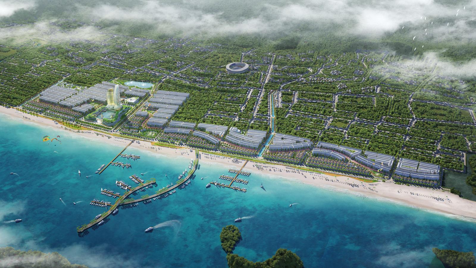 H&igrave;nh phối ảnh một Khu đ&ocirc; thị nằm ven biển xung quanh l&agrave; nhiều c&acirc;y xanh
