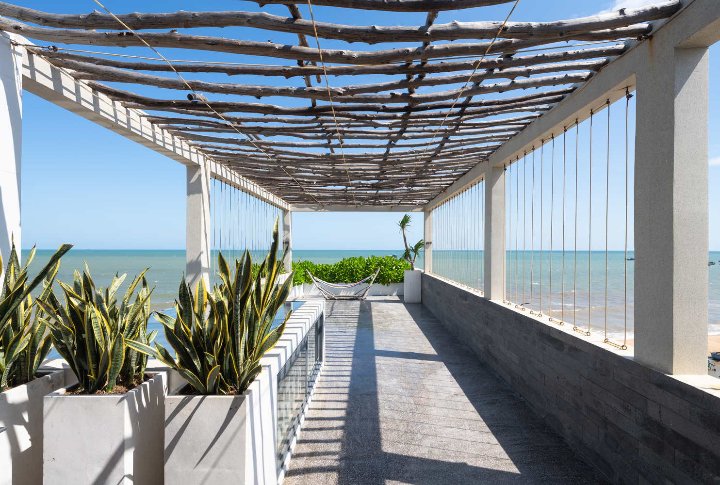 S&acirc;n thượng tr&ocirc;ng c&acirc;y cảnh, nh&igrave;n ra biển