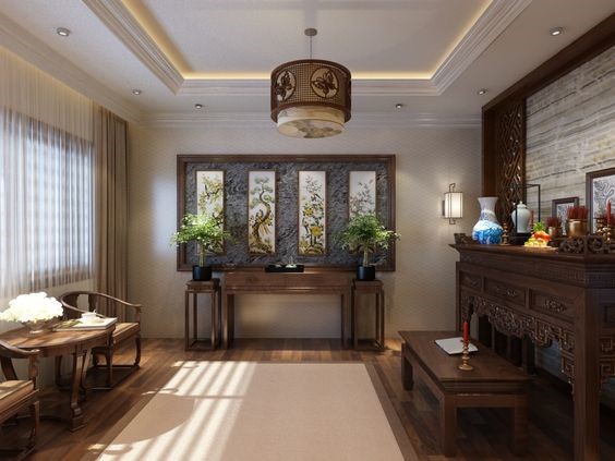 hình ảnh phòng thờ đẹp với nội thất gỗ chạm khắc cầu kỳ, bộ tranh tứ quý, cửa sổ kính lớn