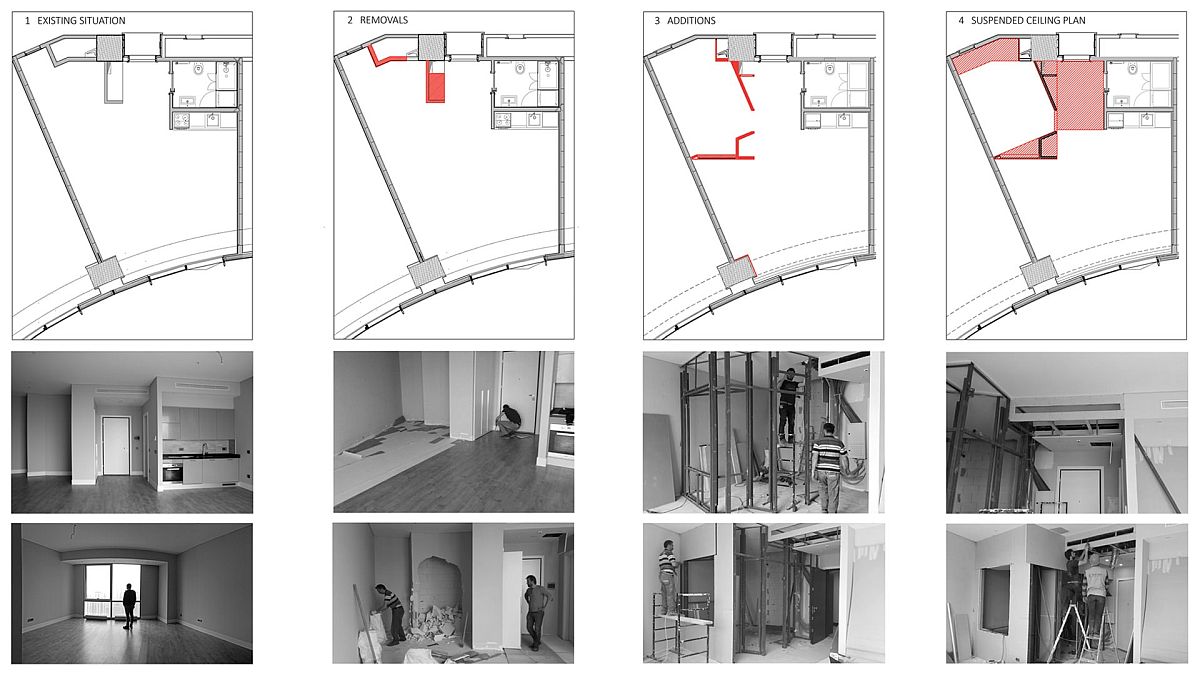 h&igrave;nh ảnh mặt bằng v&agrave; thợ thi c&ocirc;ng trong qu&aacute; tr&igrave;nh cải tạo căn hộ 45m2 ở Thổ Nhĩ Kỳ