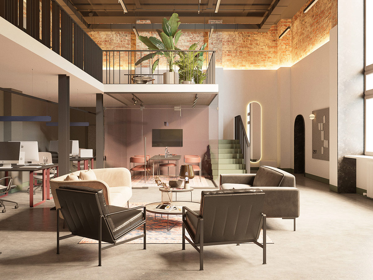 H&igrave;nh ảnh ph&ograve;ng kh&aacute;ch văn ph&ograve;ng với b&agrave;n tr&agrave; tr&ograve;n trung t&acirc;m, xung quanh l&agrave; ghế sofa trắng, ghế b&agrave;nh bọc da m&agrave;u x&aacute;m đậm