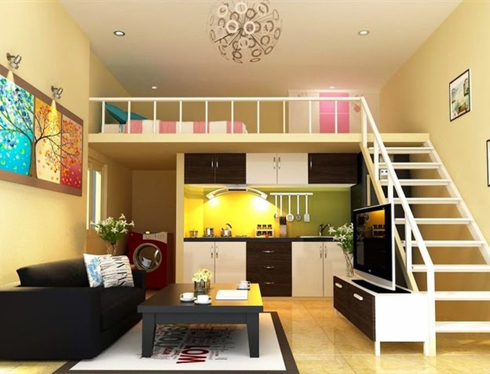 một ph&ograve;ng trọ nhỏ nhưng được thiết kế th&ocirc;ng minh với g&aacute;c x&eacute;p, c&oacute; 1 ghế sofa, giường ngủ v&agrave; khu bếp
