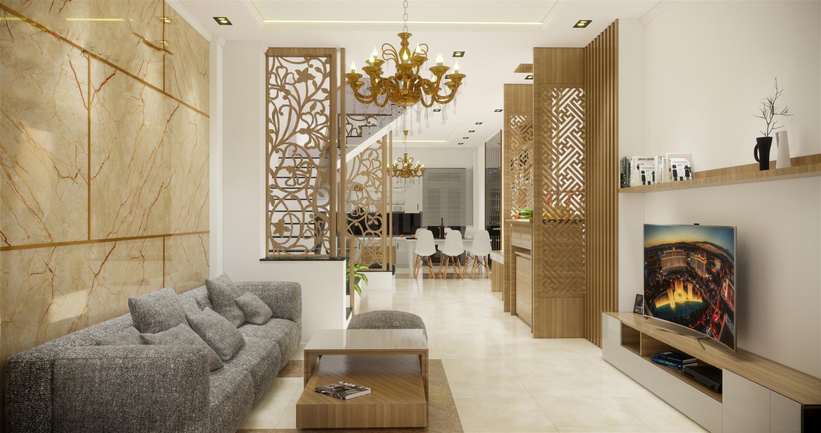 Phòng khách hiện đại có sofa, ti vi, vách ngăn bằng gỗ 