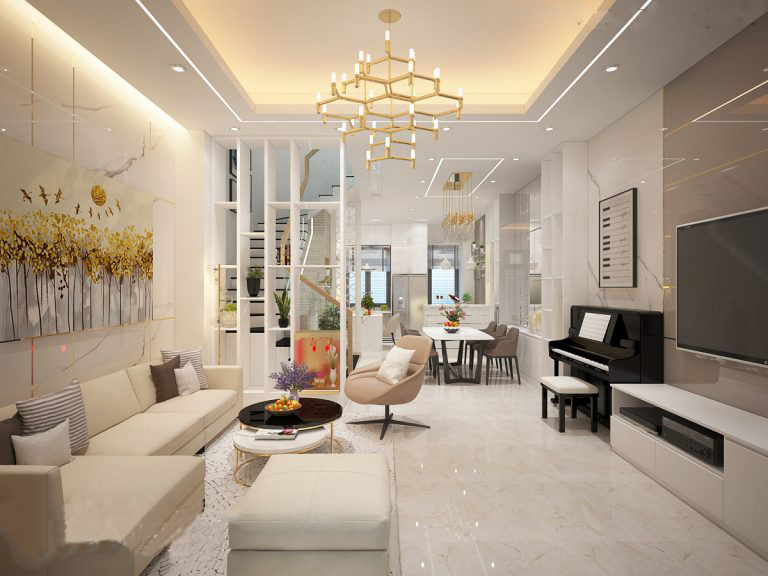 Phòng khách tông sáng, có sofa, đàn piano, tranh khổ lớn treo tường