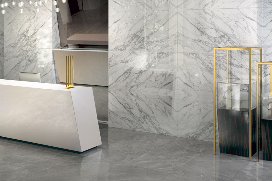 hình ảnh góc phòng ốp gạch giả đá marble màu trắng xám sang trọng