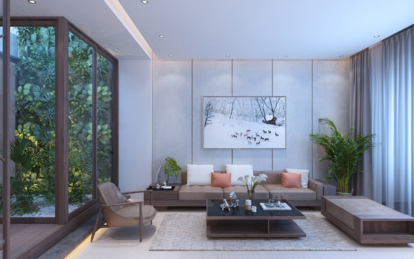 h&igrave;nh ảnh to&agrave;n cảnh ph&ograve;ng kh&aacute;ch nh&agrave; l&ocirc; phố với sofa ghi x&aacute;m, gối tựa m&agrave;u cam, b&agrave;n tr&agrave; k&iacute;nh, ghế thư gi&atilde;n, tranh treo tường, cửa k&iacute;nh mở ra tiểu cảnh giếng trời
