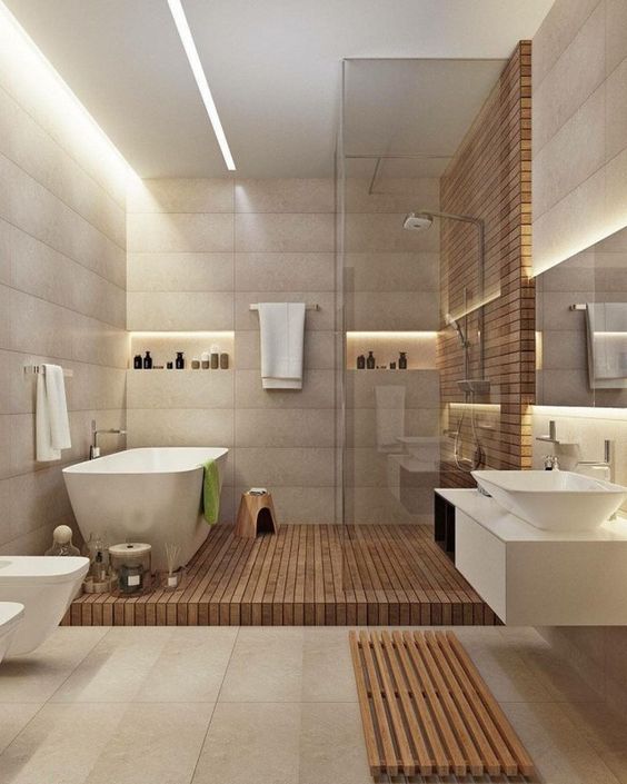 h&igrave;nh ảnh ph&ograve;ng tắm trong biệt thự 2 tầng phong c&aacute;ch t&acirc;n cổ điển với bồn tắm nằm, s&agrave;n l&aacute;t gỗ, tường trang tr&iacute; h&uacute;t mắt