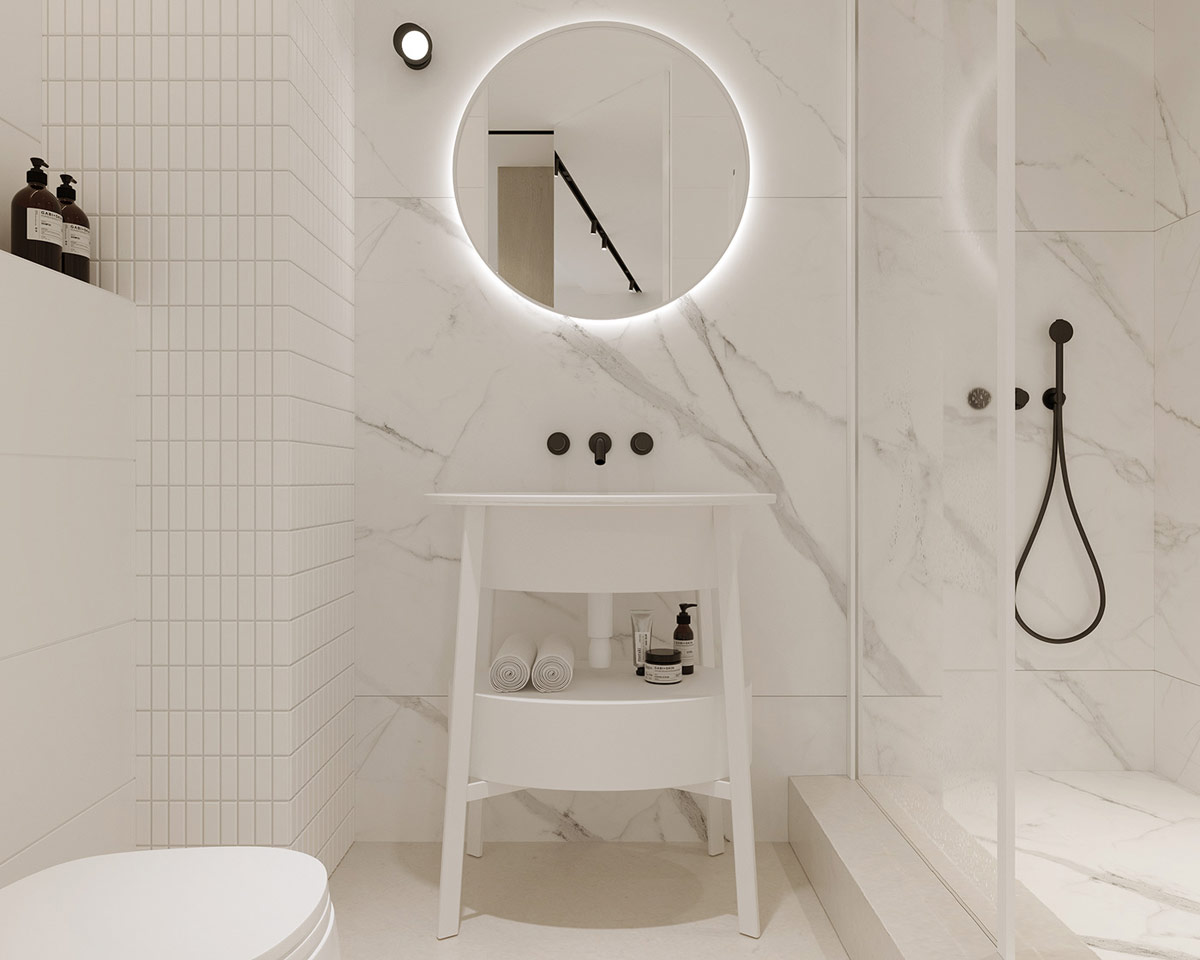 h&igrave;nh ảnh ph&ograve;ng tắm căn hộ nhỏ được ốp l&aacute;t đ&aacute; cẩm thạch, gương đ&egrave;n LED trang tr&iacute;