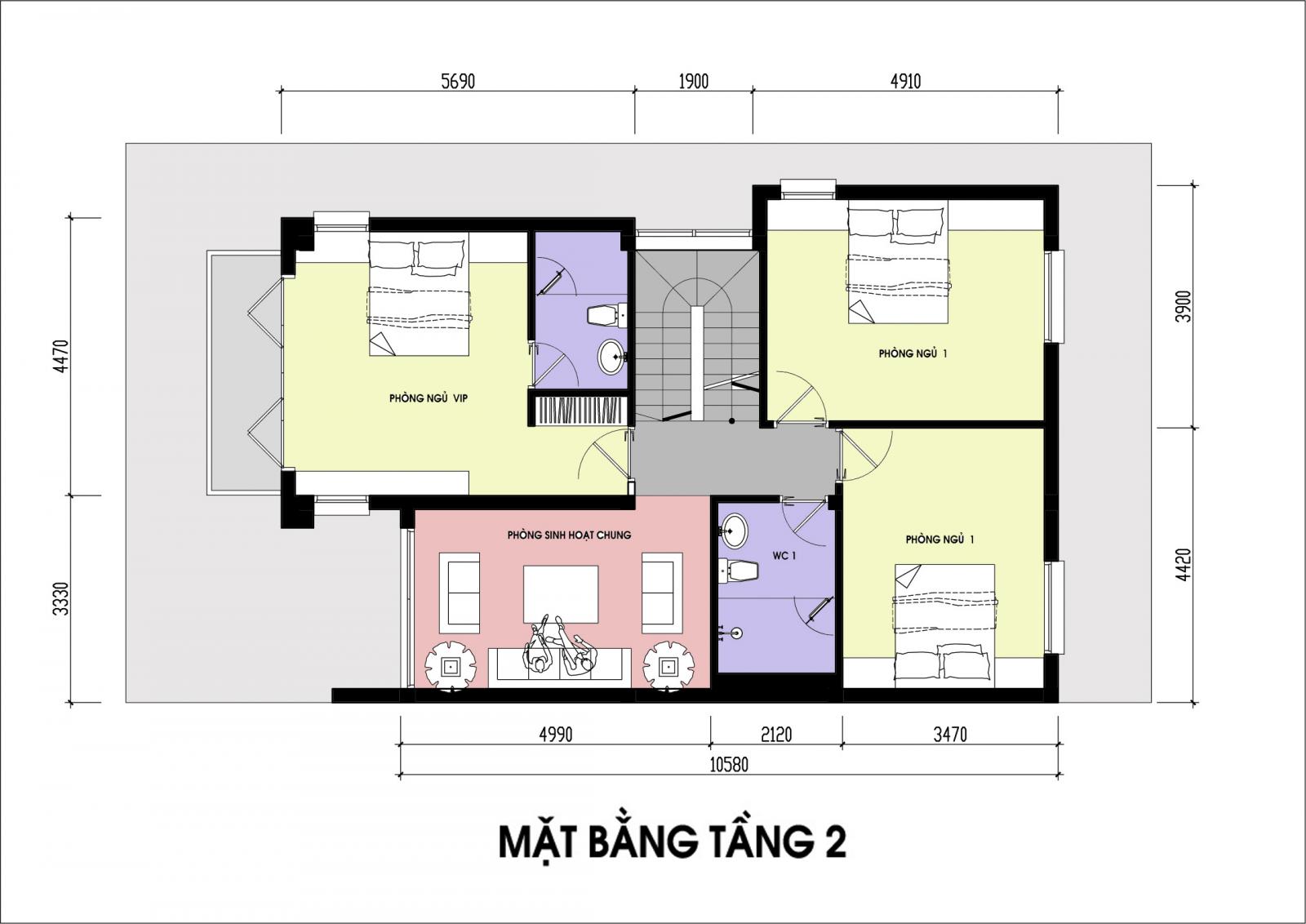 h&igrave;nh ảnh bản vẽ thiết kế mặt bằng tầng 2 biệt thự m&aacute;i Th&aacute;i