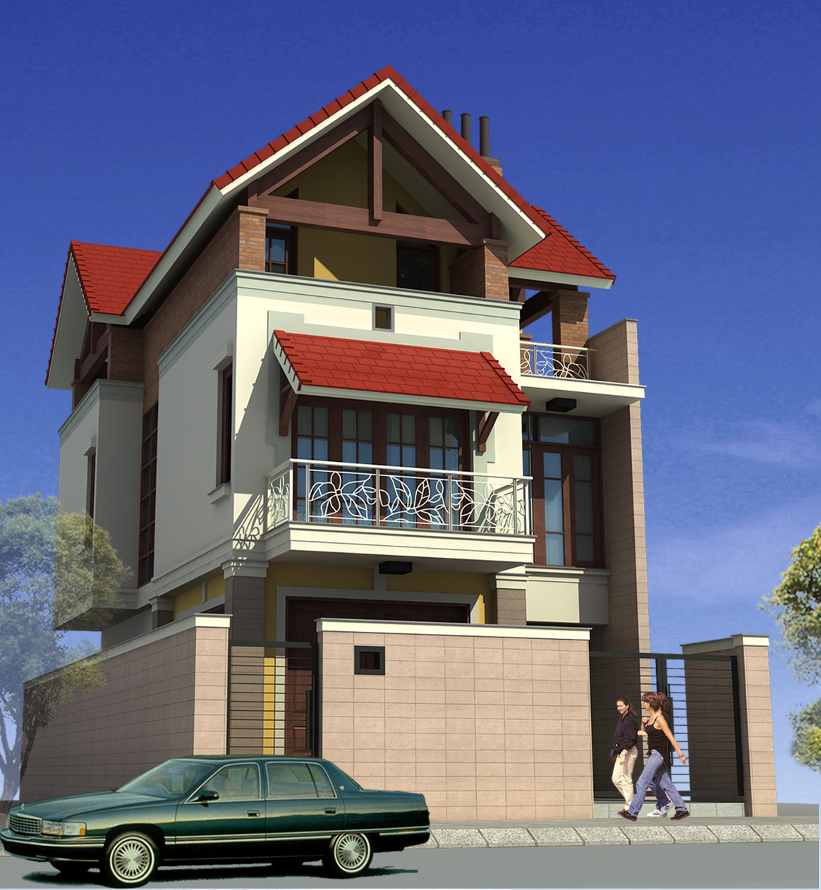h&igrave;nh ảnh phối cảnh 3D mẫu biệt thự 3 tầng m&aacute;i Th&aacute;i - g&oacute;c 2