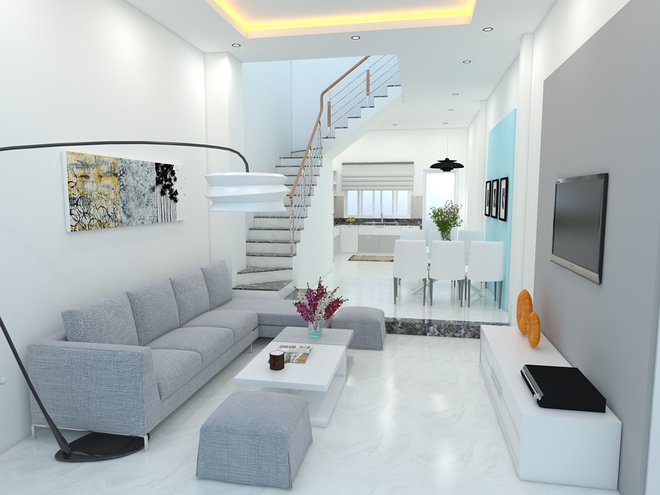 Nội thất nhà cũng hạn chế tối đa các chi tiết, đồ trang trí, chỉ sắm các vật dụng cần thiết như bàn ghế sofa, tủ bếp. Phối cảnh thiết kế nội thất phòng khách