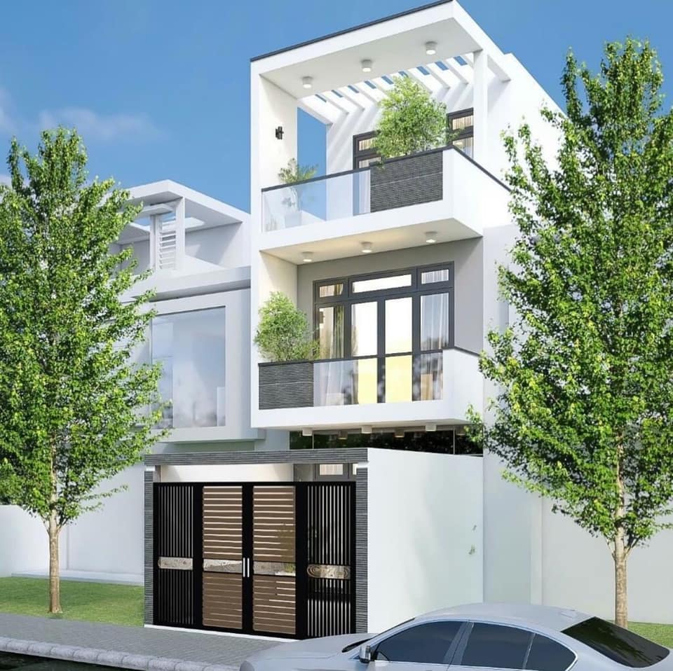 Mặt tiền nhà theo phong cách hiện đại, tinh giản hoàn toàn các chi tiết trang trí. Phối cảnh mặt tiền nhà 1 trệt 1 lầu sân thượng