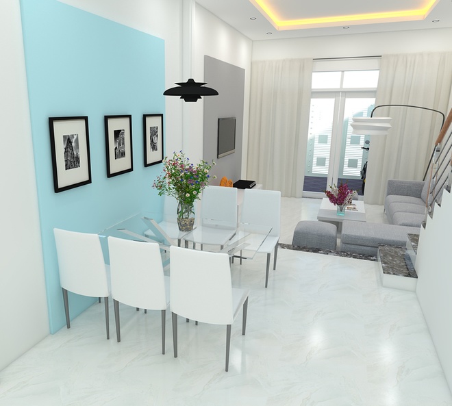Tông màu sáng chủ đạo cho không gian thêm rộng rãi, thông thoáng, sang trọng. Phối cảnh thiết kế nội thất phòng khách liên thông phòng ăn