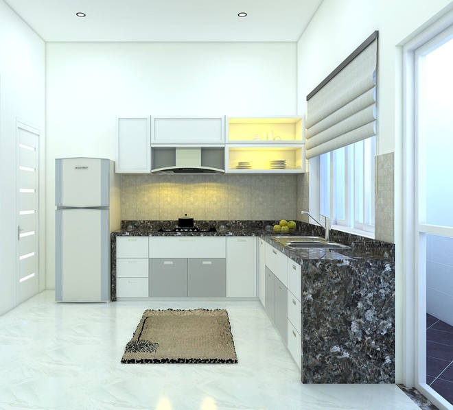 Kệ bếp chữ L với mặt bếp bằng đá. Phối cảnh thiết kế phòng bếp