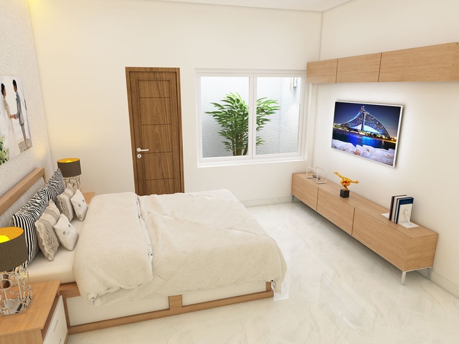 Phòng ngủ không rườm rà đồ nội thất, chỉ cần giường, đôn đầu giường và kệ để vật dụng là vừa đủ. Phối cảnh thiết kế nội thất phòng ngủ