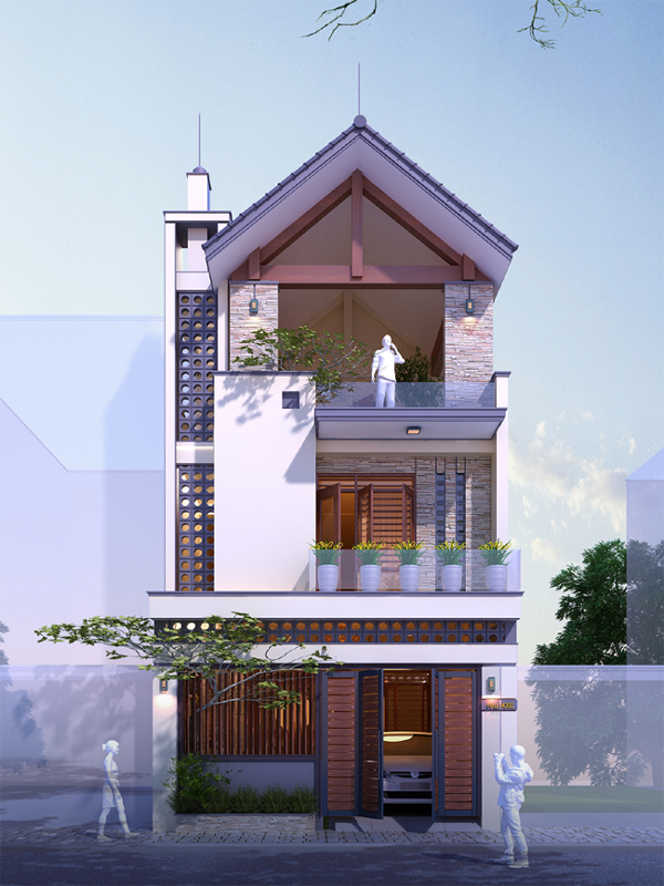h&igrave;nh ảnh phối cảnh 3D mặt tiền nh&agrave; phố 3 tầng hiện đại