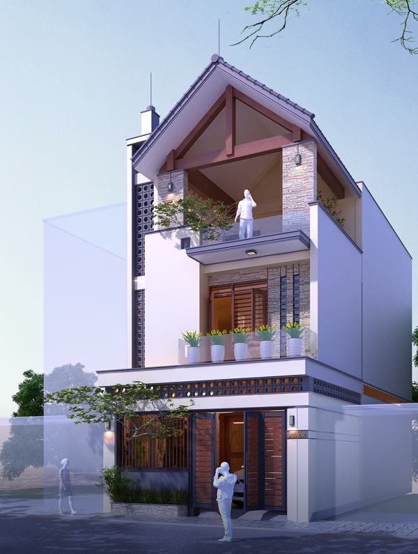 h&igrave;nh ảnh cận cảnh 3D mặt tiền nh&agrave; phố 3 tầng phong c&aacute;ch hiện đại