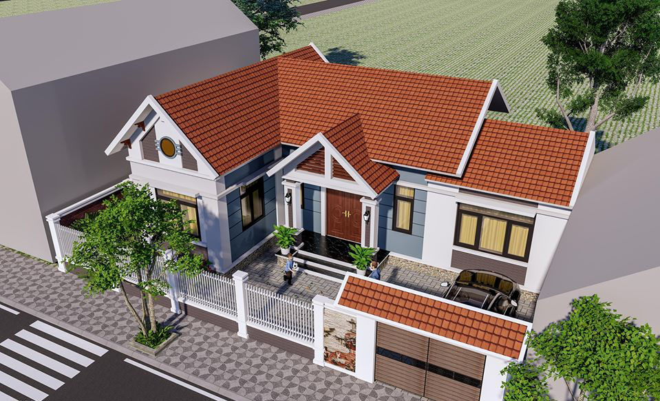 h&igrave;nh ảnh phối cảnh 3D mẫu nh&agrave; vườn 1 tầng m&aacute;i Th&aacute;i